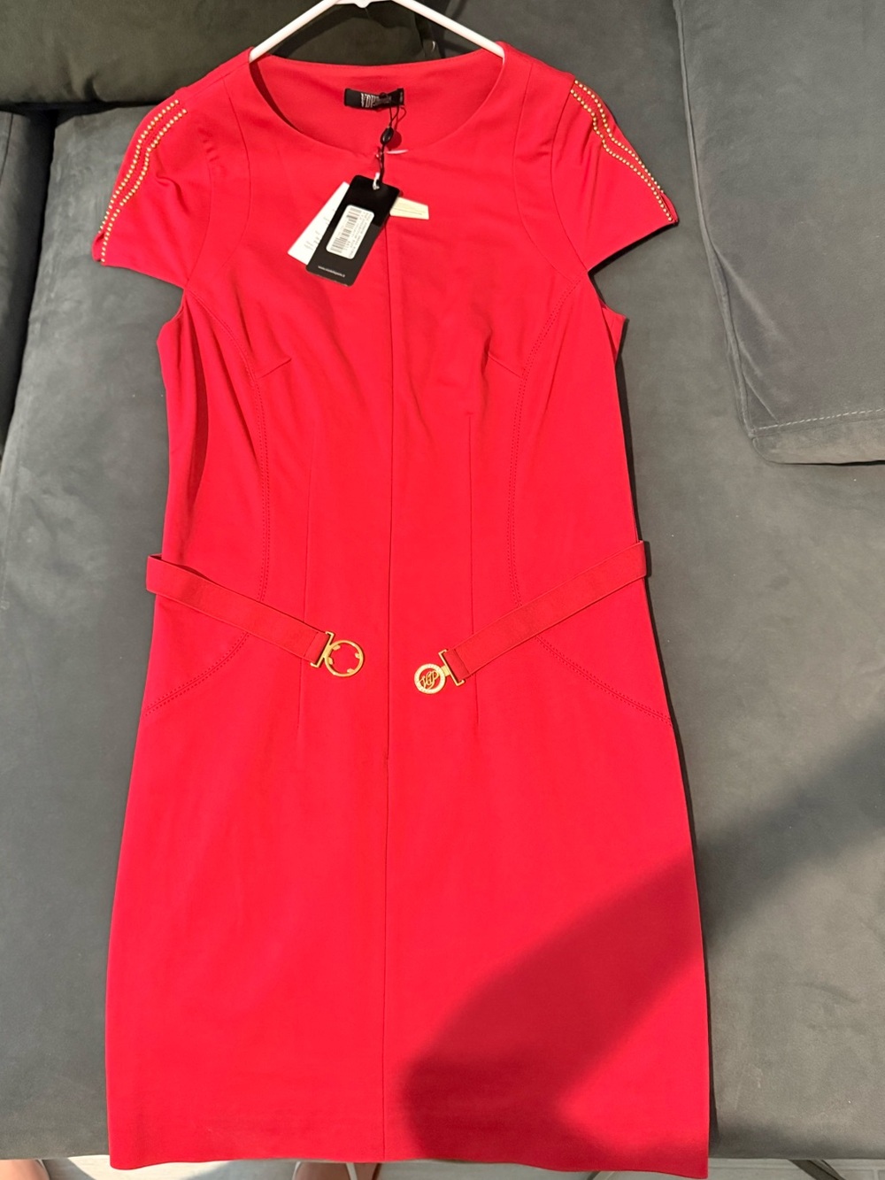 Red Short-Sleeve Sheath Dress with Decorative Belts
